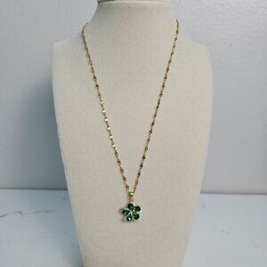 Stainless Steel Green Flower Gold Tone Necklace